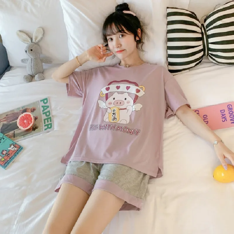 Sweet Cute Nightwear Women Thin Short Sleeve Cartoon Bear Pajamas O-Neck Pullover Student Sleepwear Loungewear Set Korean