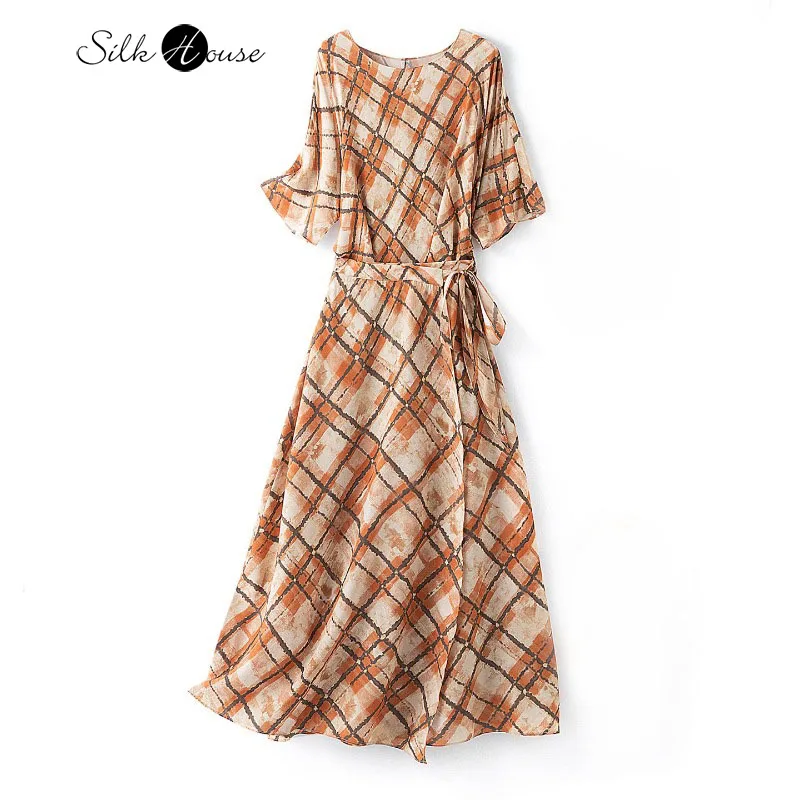 

Fake 2 Pieces of 100% Natural Mulberry Silk Crepe De Chine Pleated Five Quarter Sleeve Women's Fashionable Printed A-line Dress