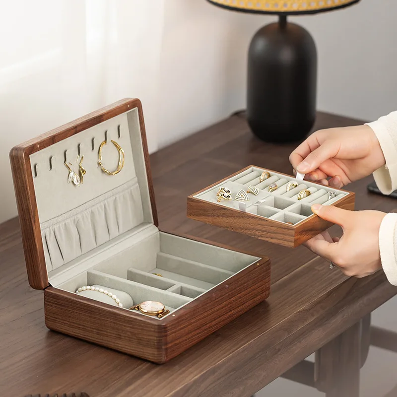 

Jewelry Box Double Layer Wooden Cases with Multi-compartments Necklace Bracelets Earrings Organizer Walnut Wood Jewelry Boxes