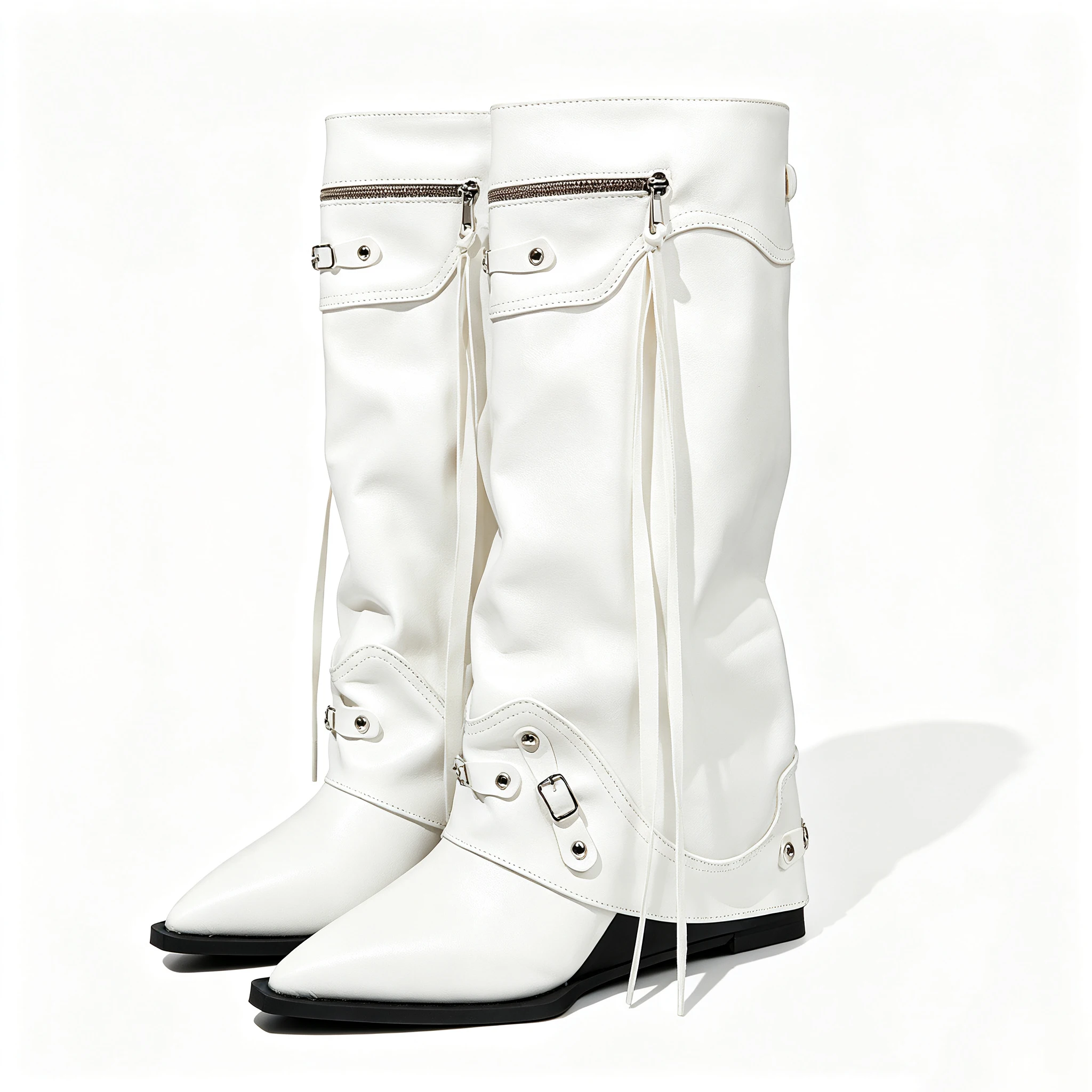 Women White Knee High Boots Pointed Toe High Heel Buckle Zipper Fringe Street Style Fashion Long Boots