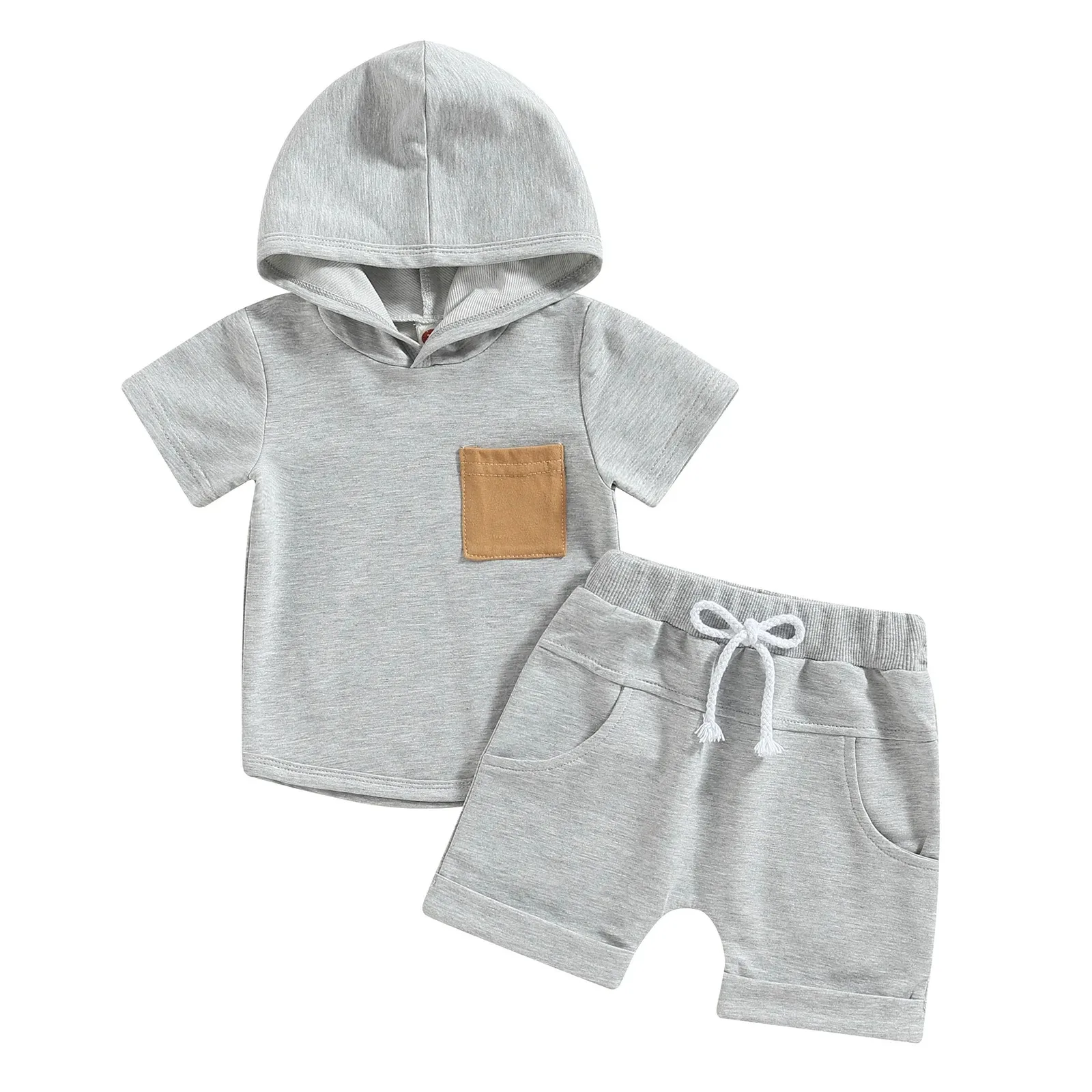 Summer Baby Boys Hooded Clothes Set Cotton Short Sleeve Tops +shorts 2pcs Infant Kids Outfits