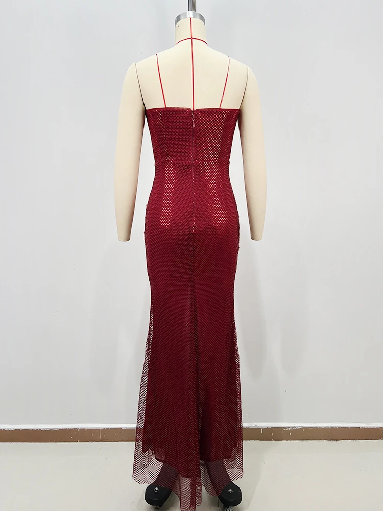 レッドラインストーンコルセットボディコンロングドレス – クリスタルネックラインの高級イブニングガウン、フォーマルパーティー＆ガラプロムドレスに