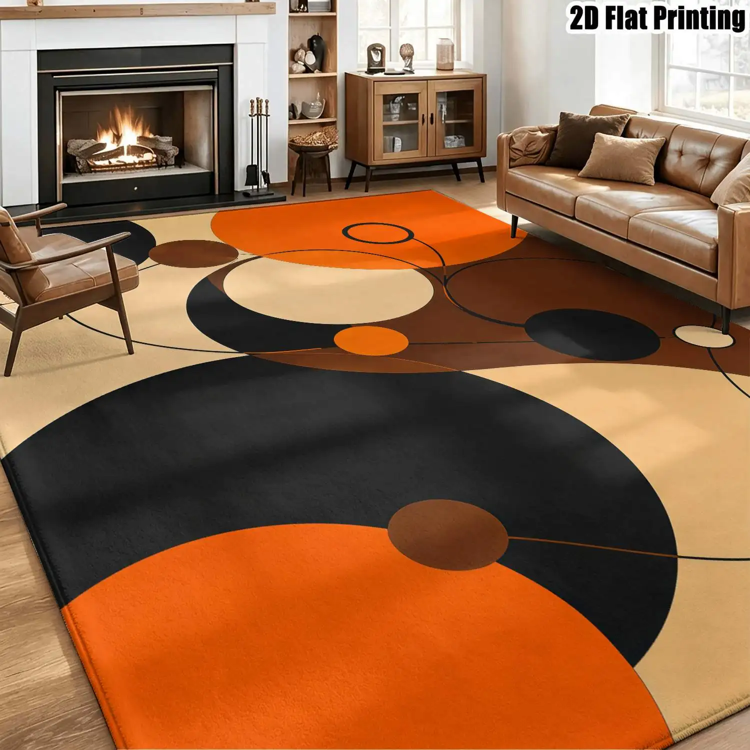1Pc 2D Printed Geometric Abstract Carpet, Orange Black Brown Modern Nordic Style, Instagram Inspired Floor Mat, Home Decor, Multi Size Machine Washable, for Living Room Bedroom Dining Room Entrance