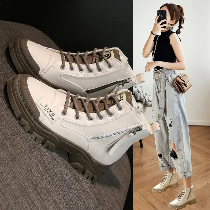 Stivaletti corti Donna Tendenza moda autunnale Nuovo stile fata Stivaletti corti stringati con suola spessa casual comodi e versatili 2024