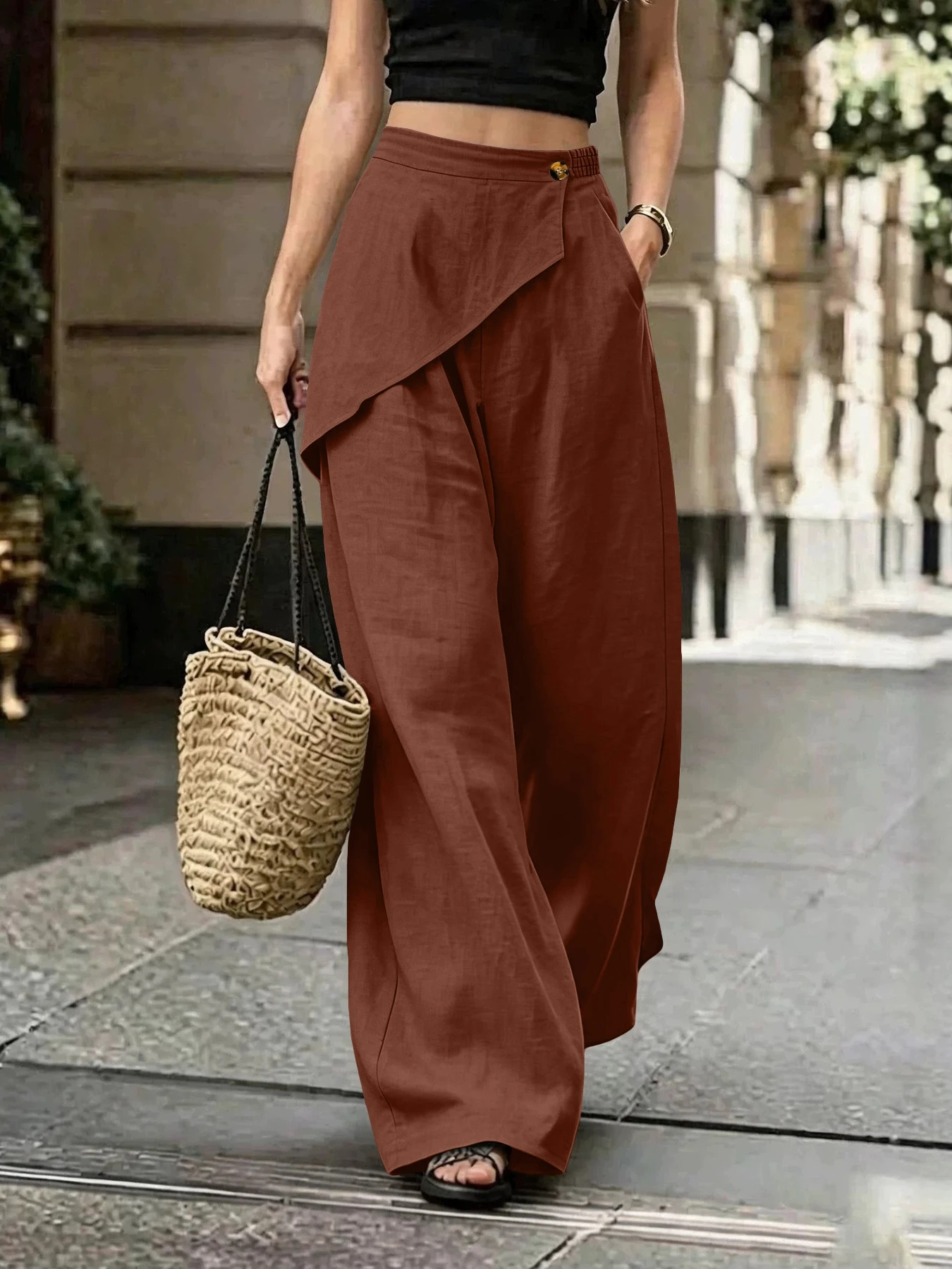 Cross-Border New TikTok Wide Leg Pants Irregular Design Loose Solid Color Casual Trousers