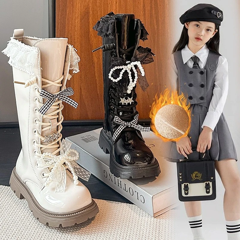 

Сапоги принцессы для девочек с милым кружевом, детские сапоги до середины икры, замшевые теплые детские кожаные сапоги на осень-зиму 202, универсальные элегантные