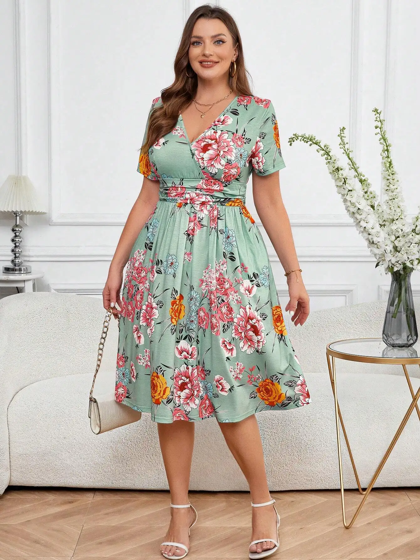 

Plus Size Women Wrap V Neck Cinched Waist Floral A-Line Dress With Pockets Summer Beach Sundress
