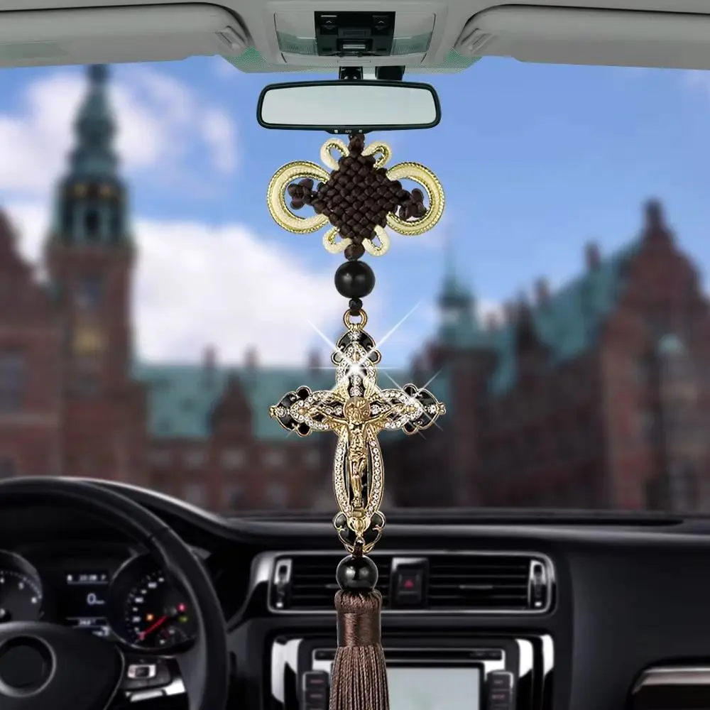 With Tassel Car Pendant Metal Diamond Lucky Cross Jesus Christian Pendant Blessing Exquisite Rearview Mirror Hanging Ornament