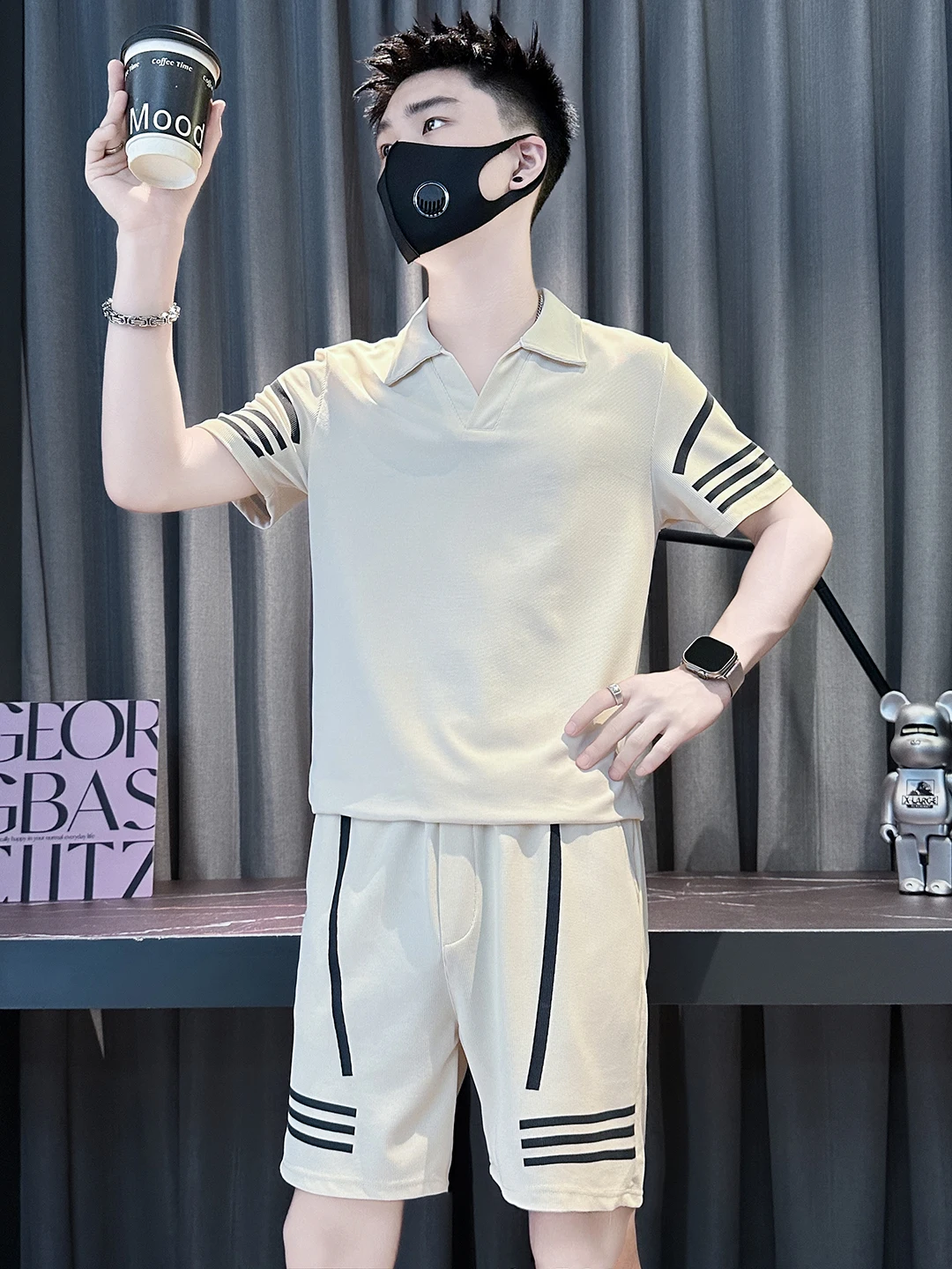 2026-summer-new-fashion-men's-shirt-and-shorts-set-sporty-casual-striped-two-piece-suit-versatile-stylish-polyester-blend