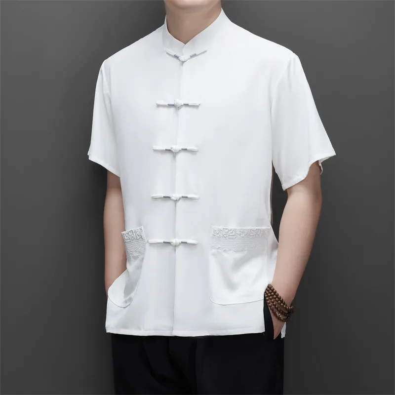 Old Money Style Men Khaki White Essential Shirts Mandarin Collar Short Sleeve Tunic Vintage Tops Summer Zen Meditation Clothes