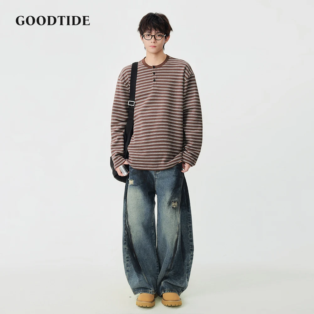 Fashion Men's Casual Henley Neck Sweatshirt 2025 Winter New Striped Pattern Contrast Collar Loose Fit Design Comfortable Top