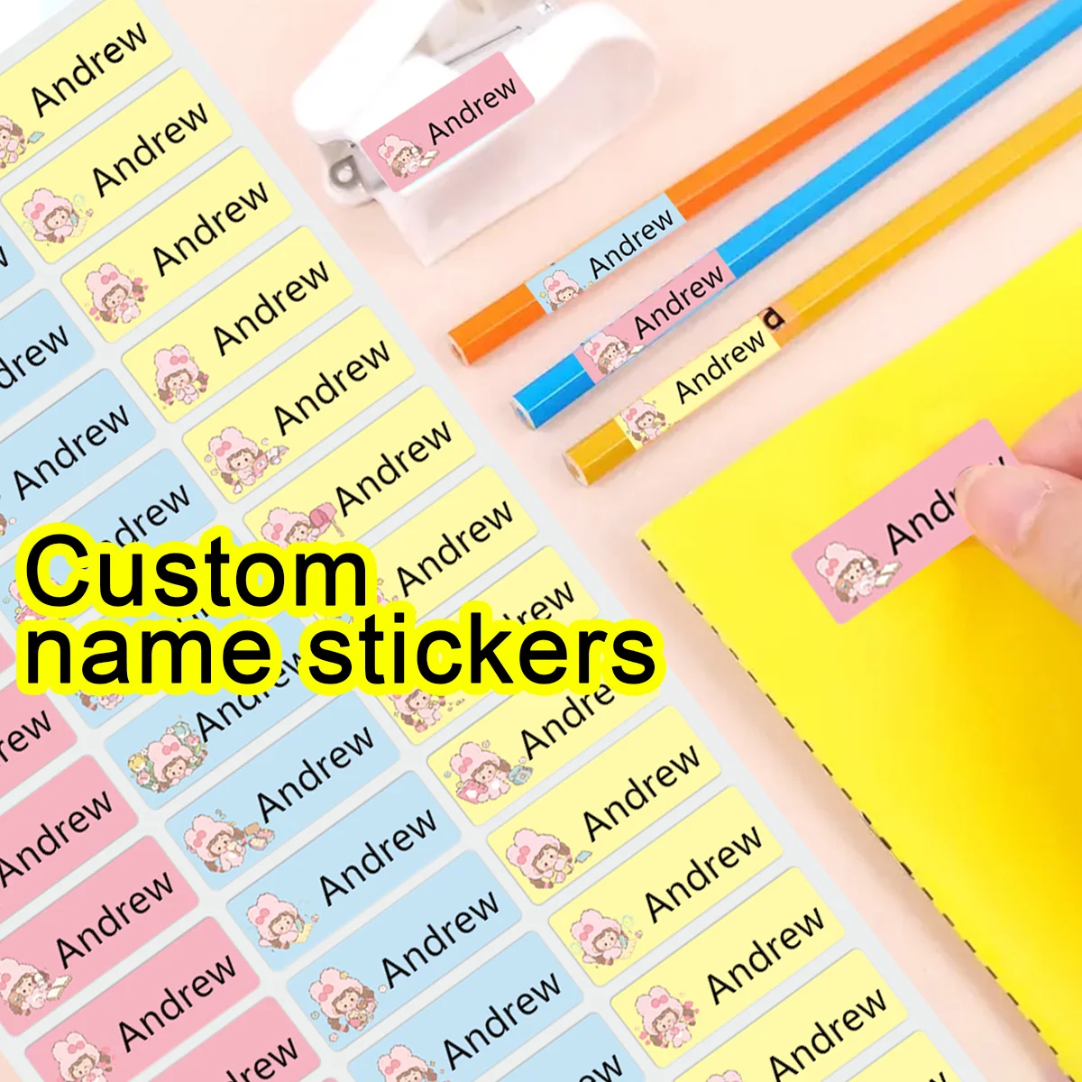 Custom name stickers-T1-waterproof label stickers with pink girl cartoon pattern,kindergarten stationery water cup labels