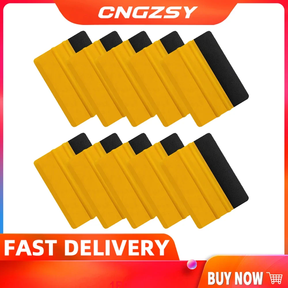 

10pcs Yellow Car Scraper With Felt Card Squeegee Tool Film Wrapping 10x7cm Vinyl Wrap Carbon Fiber Foil Edge Tools A56