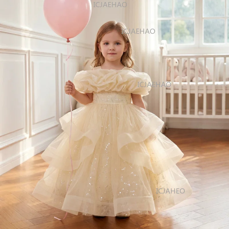 

2026 Clothes Birthday Party Banquet Tutu Gown Beaded Sequin Flower Girl Elegant Kids Costume Children Girls Tulle Princess Dress