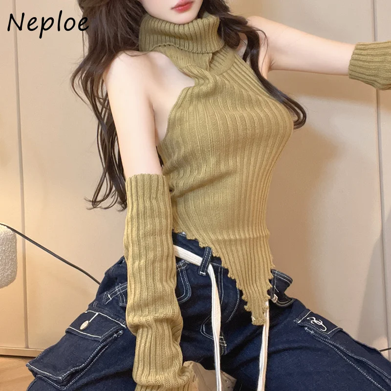 Neploe Thu Y2k Jersey Mujer Áo Len Cao Cổ Dây Đồng Màu Không Đều Kéo Femme Sexy Hở Lưng Ngoài Vai Áo Thun Chui Đầu