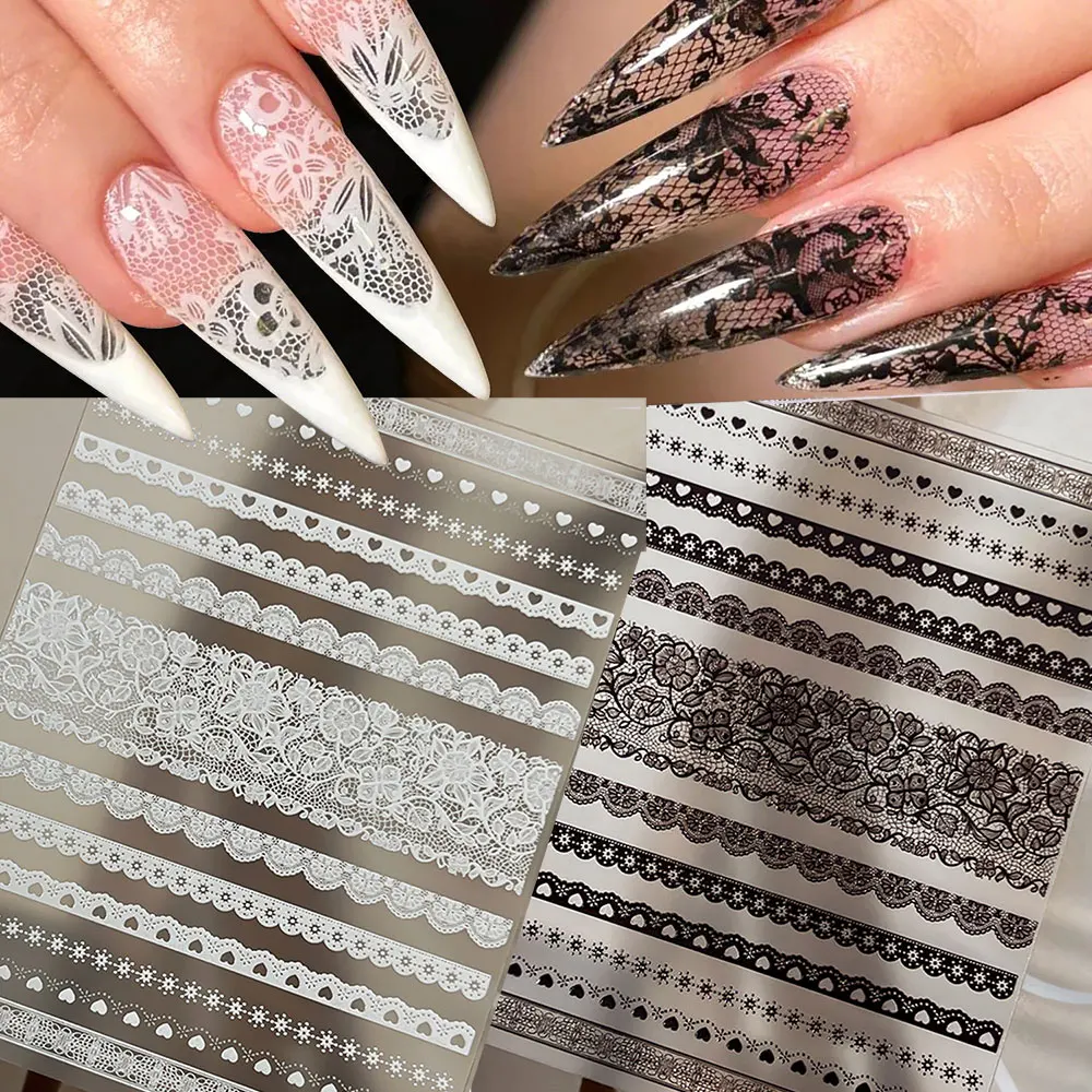 

1Pcs 5D Sexy Black white Lace Nail Stickers French Lace Flower Nail Decals 8*10cm Self-Adhesive Lace Acrylic Nails Wraps Decora