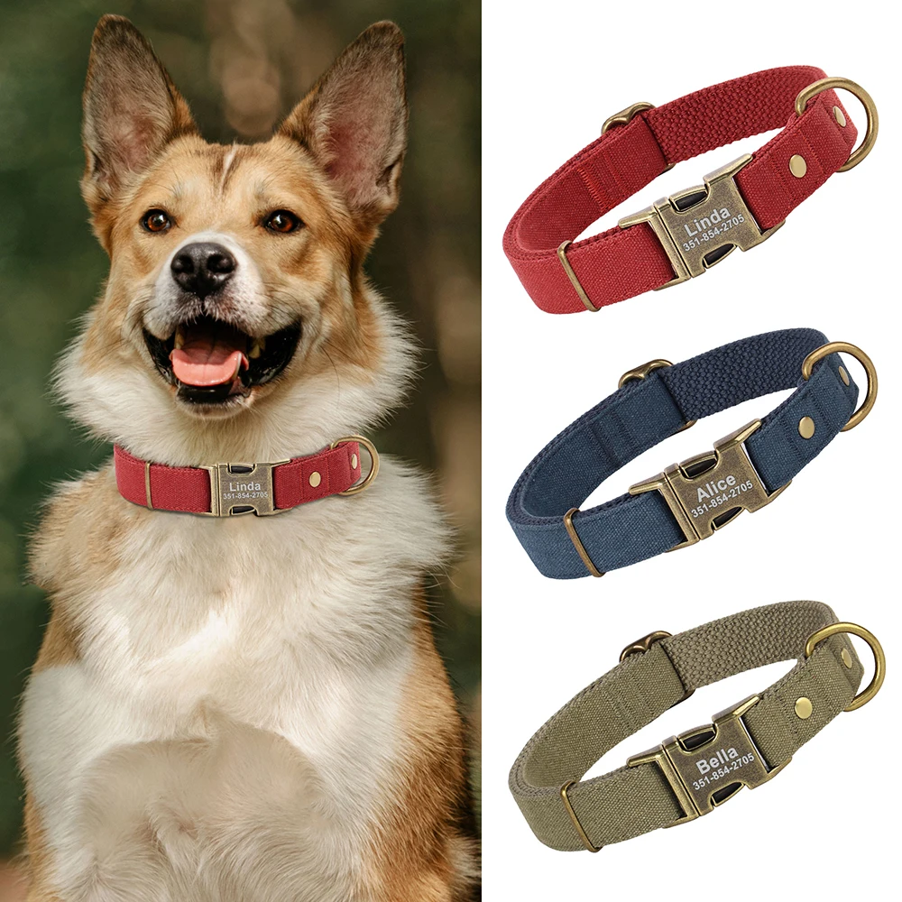 Personalized Dog Puppy ID Tag Nameplate Collar Durable Nylon Pet Dog Buckle Collars Free Engraving Name For Pit Bull Bulldog Pug