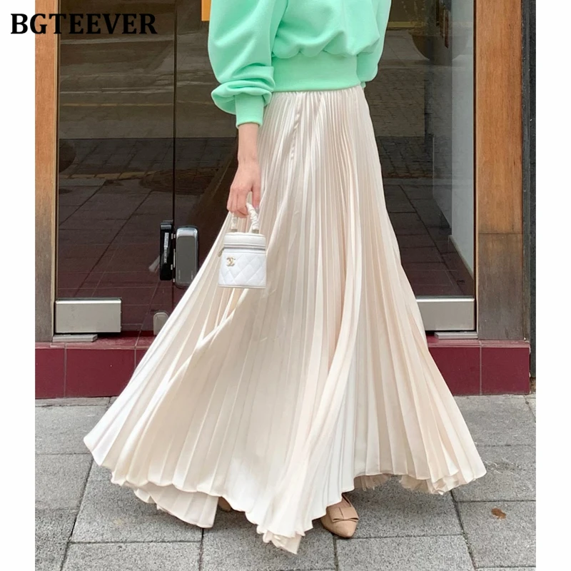 

BGTEEVER Stylish Satin Ladies Pleated Skirts Summer Elegant Loose Female A-line Skirts