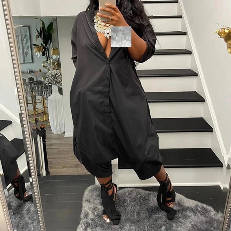 

BKLD High Street Hipster Black Loose Fit Button Up Lapel Jumpsuit Wide Leg Pants Women Simple Casual Spring Summer Street Outfit