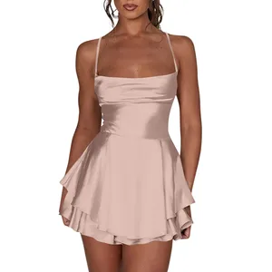 Kurzes Seidenkleid und Frauen -Satin, elegant sexy schlank, wunderschönes kurzes Rückenkleid, Cross Spaghetti -Riemen, plissierter Minirock 8 Hauptverkäufe kurz Seda Kleid - №8