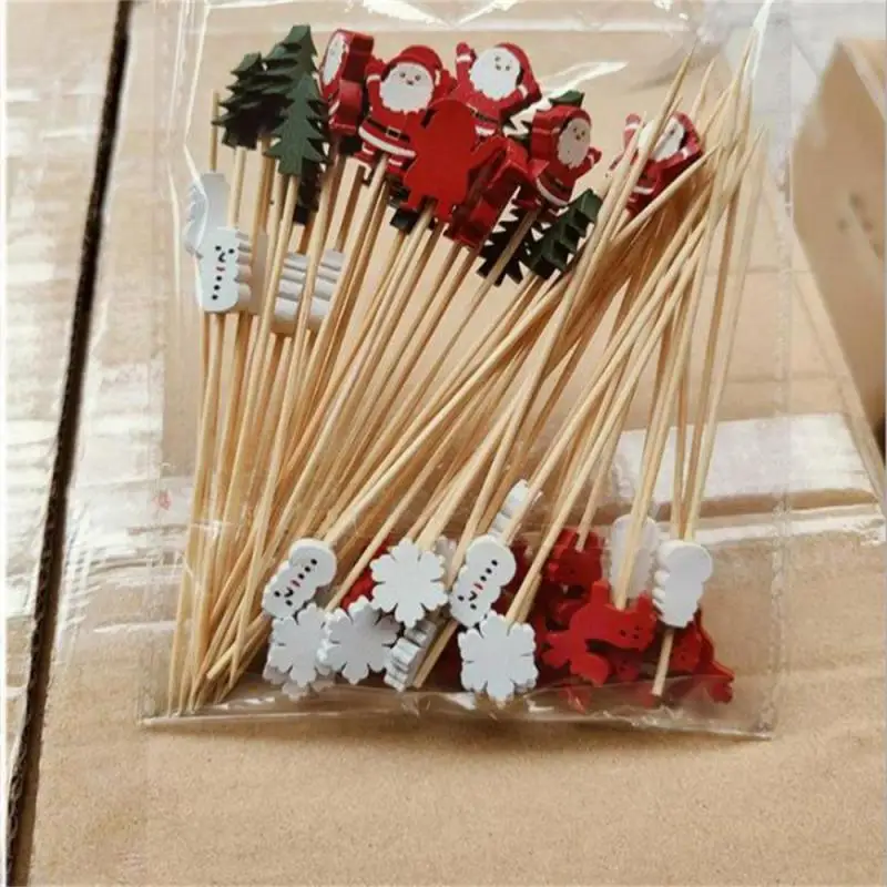 50Pcs Bamboo Appetizer Forks Christmas Theme Food Picks Party Picks Bamboo Forks Mini Forks For Parties Fruits Charcuterie