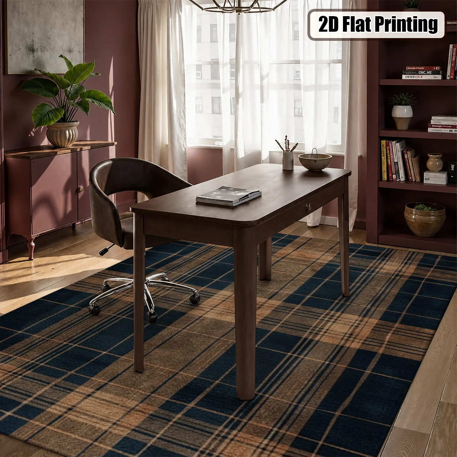 Large Indoor Area Rug, Soft Velvet Low Pile Non-slip Dotted Backing, Machine Washable Vintage Plaid Floor Rug for Living Room, Bedroom, Entryway – Navy & Tan Checkered Decor Rug - view 3