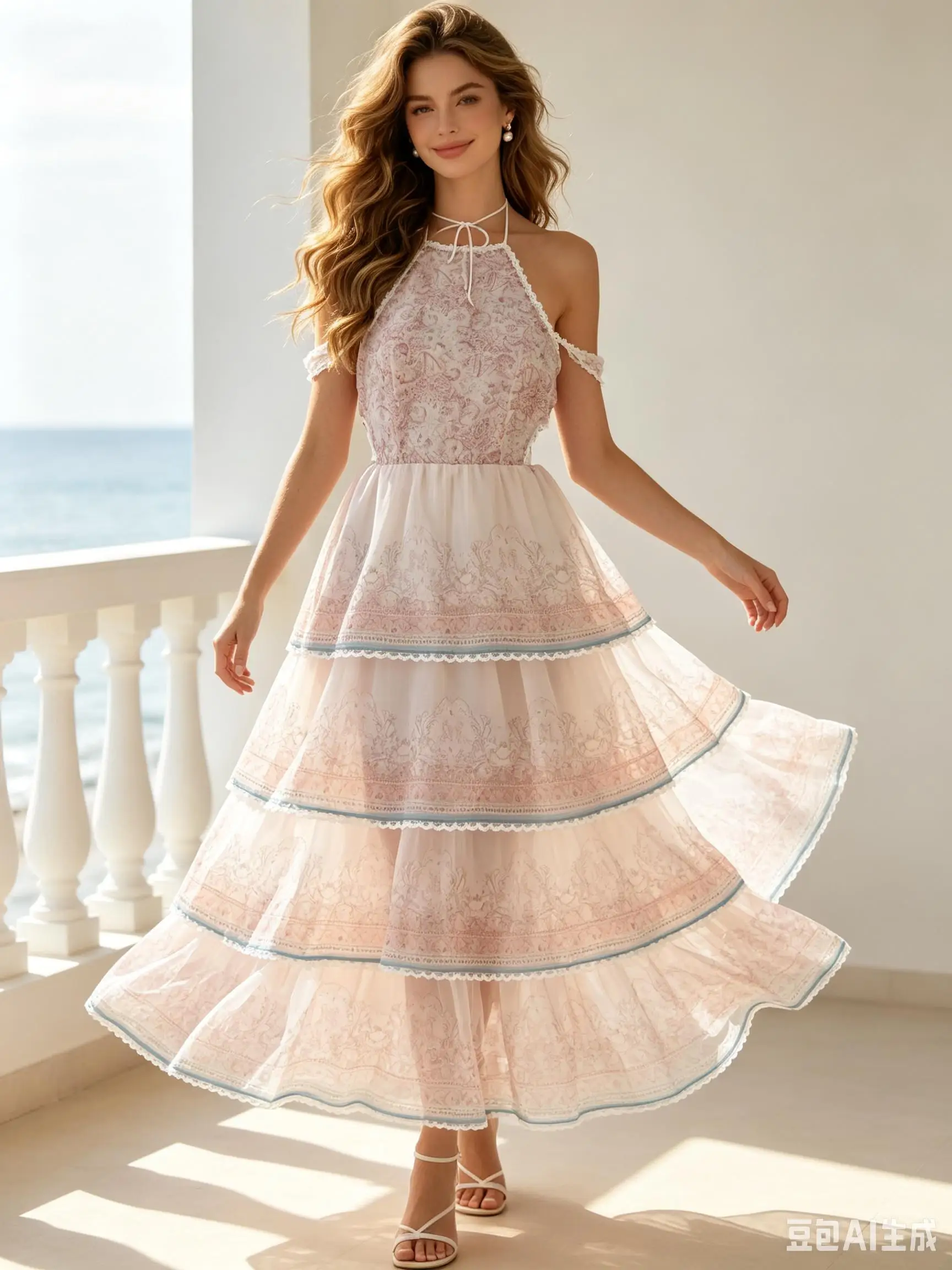 Women's clothing, elegant multi-layer lace decorative neck strap cake dress