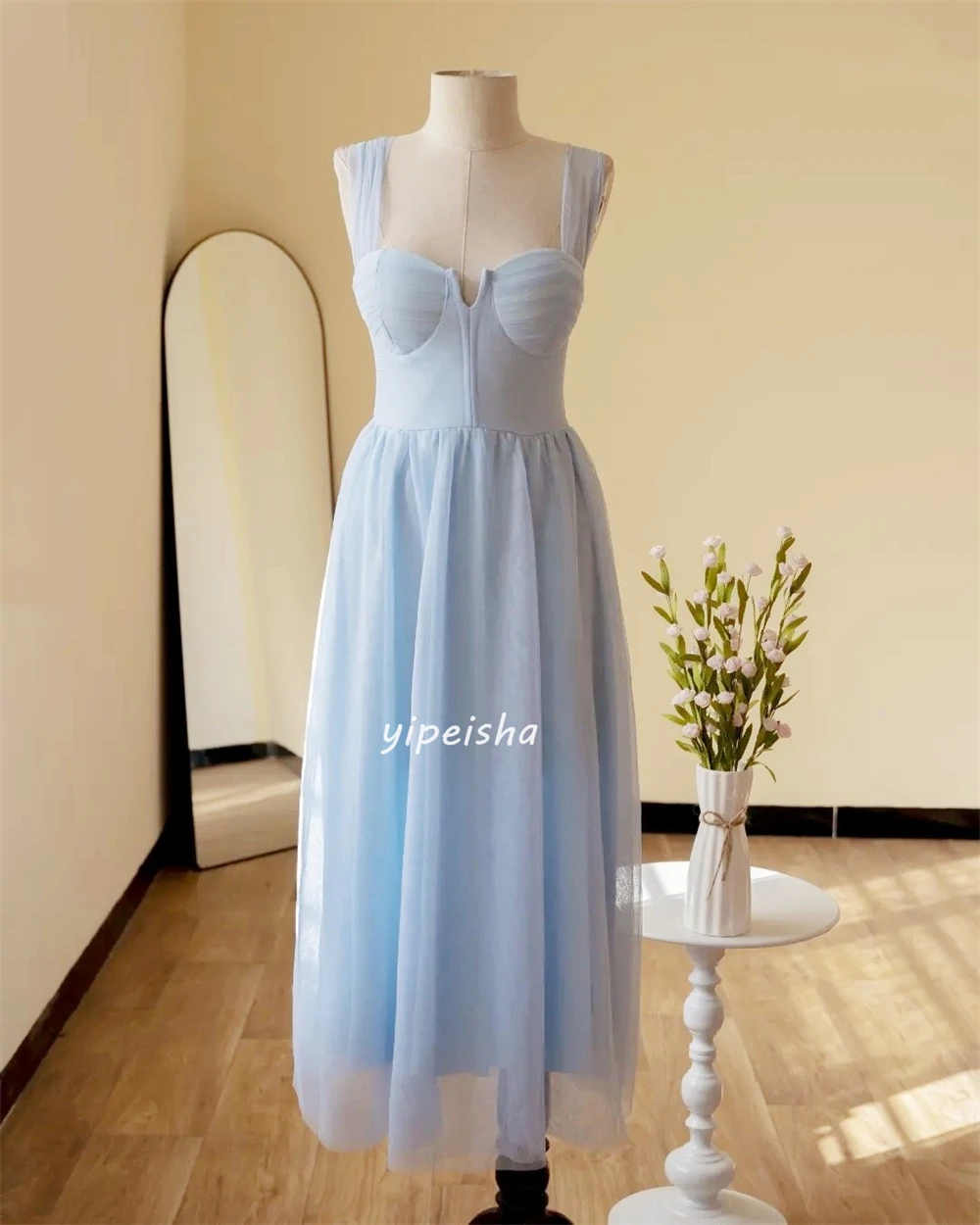 Fashion Jersey Ruched A-line Square Neck Midi Dresses Prom Dresses Elegant Exquisite High Quality Sexy Sparkle Sizes Available