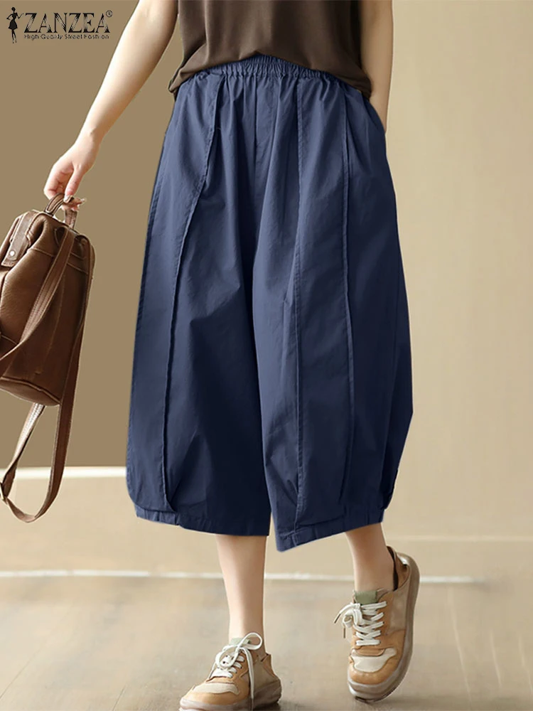 

2025 ZANZEA Vintage Pleated Capris Women Summer Trousers Elegant Loose Wide Leg Pantalon Casual Elastic Waist Solid Baggy Pants