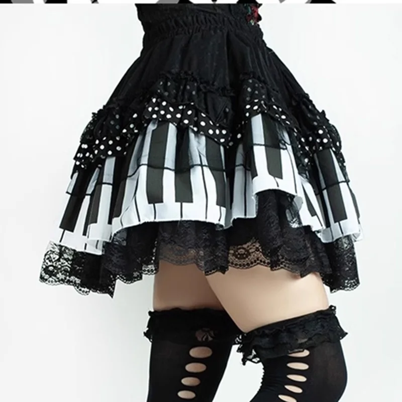 Girl\'s Lolita Polka Dot lace kawaii Cute Short skirt for Womens ruffled Edges Piano keys Pattern Fluffy Mini skirt 2024 Summer