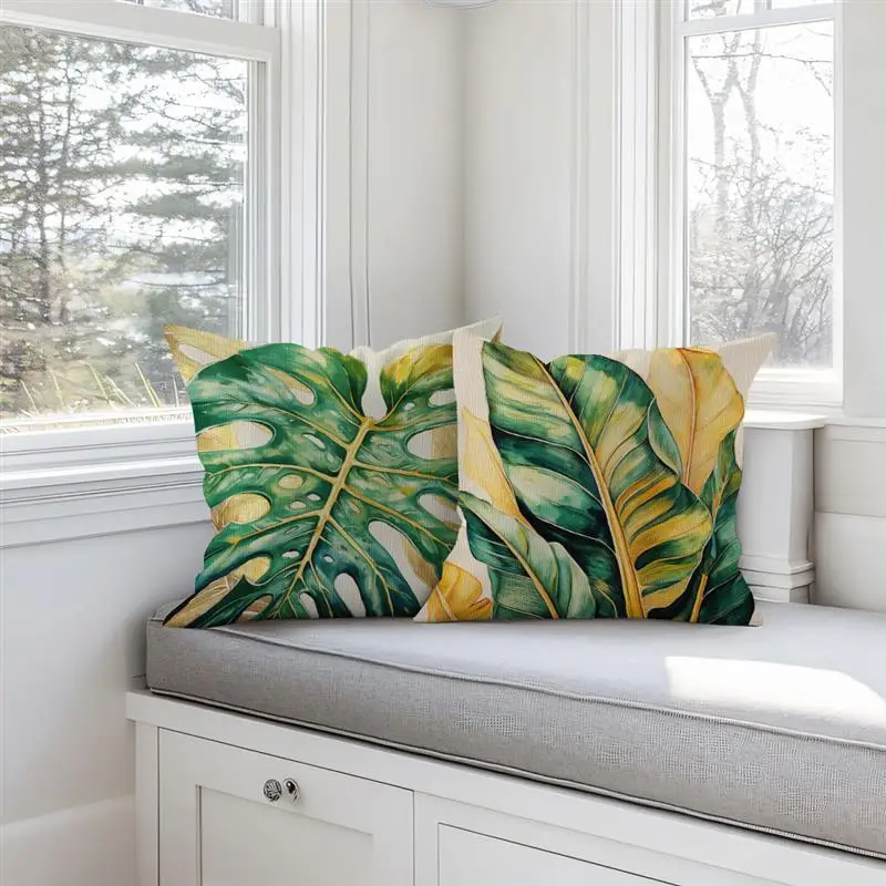 1Pc Imitate Linen Golden Vein Green Leaf Illustration Blend Throw Sofa Waist Cushion Cover Home Room Decor 45x45cm Pillowcase