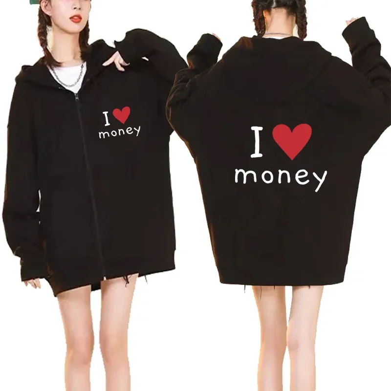 Funny Printed Zip up Hoody I Love Money Hoodie Women Men Sweatshirt Oversize Vintage Cardigan Jacket Zip up Pocket Harajuku Y2k