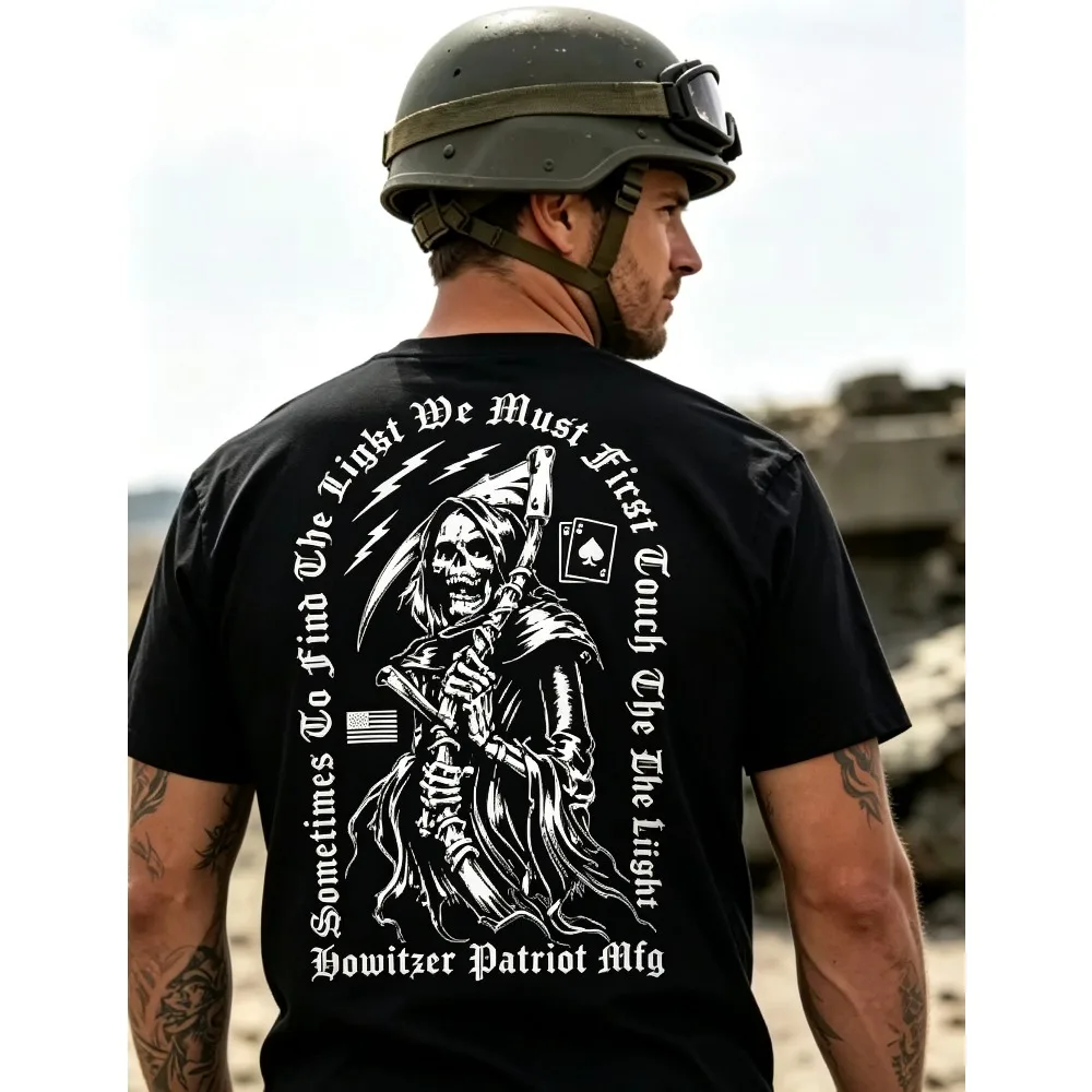 2026 New Grim Reaper Ace Theme Drop Shoulder T-shirt, Large Back Scythe Reaper Print Tactical Dark Street Loose Unisex Cool Tops