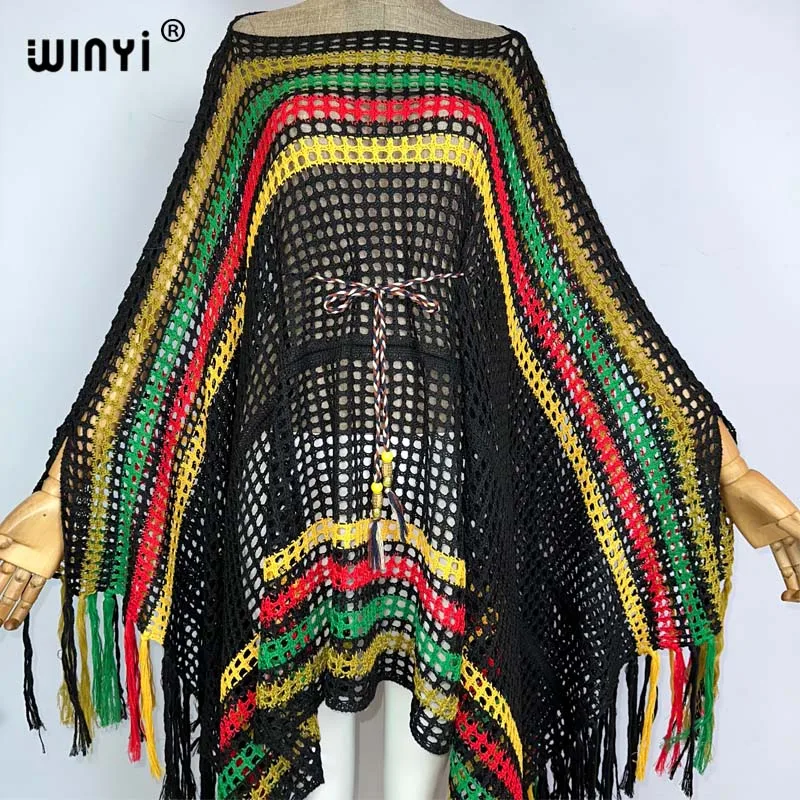 WINYI new summer Rainbow printed openwork sexy beach knit tassels dress Bikini Cover-up Women Beachwear Swimsuit Cover Up dress