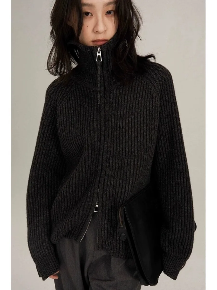 Heavy design Autumn/Winter black lapel double zip cashmere cardigan women's 100 wool long sleeve thick knit coat