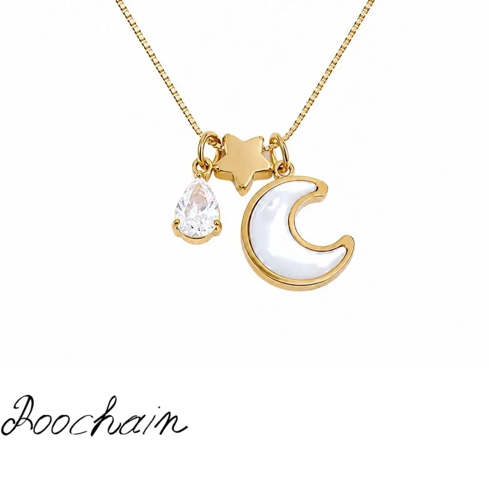 Roochain White Mother-Of-Pearl Star and Moon Water Drop Zircon Snake Bone Necklace 18K Gold-Plated Dreamy Starry Sky Women's Versatile Clavicle Chain