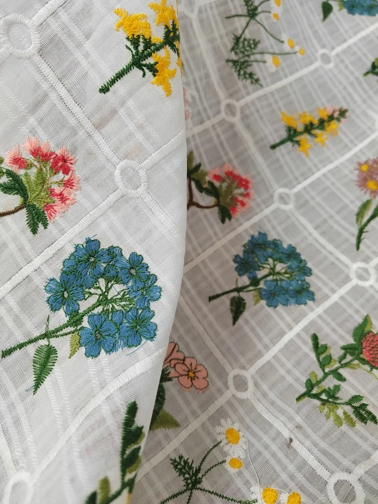 White Embroidered Fabric Colorful Mini Floral Cotton Fabirc For Sewing Clothes DIY Handmade Skirt Dress Table Cloth