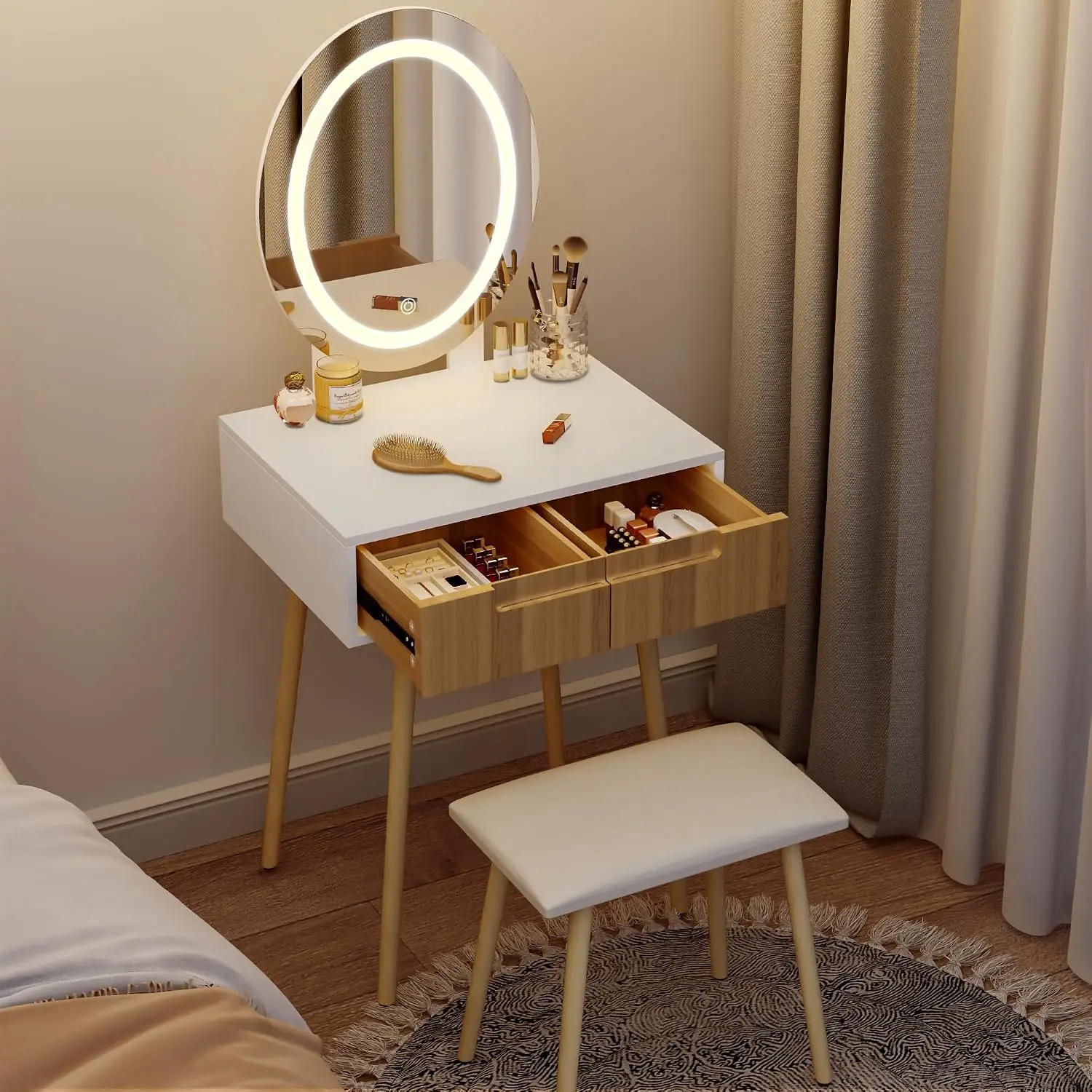 Small Vanity Desk with Mirror and Lights, Wooden Handles with Cushioned Stool, 3 Lighting Modes Round Makeup Table with Upgraded