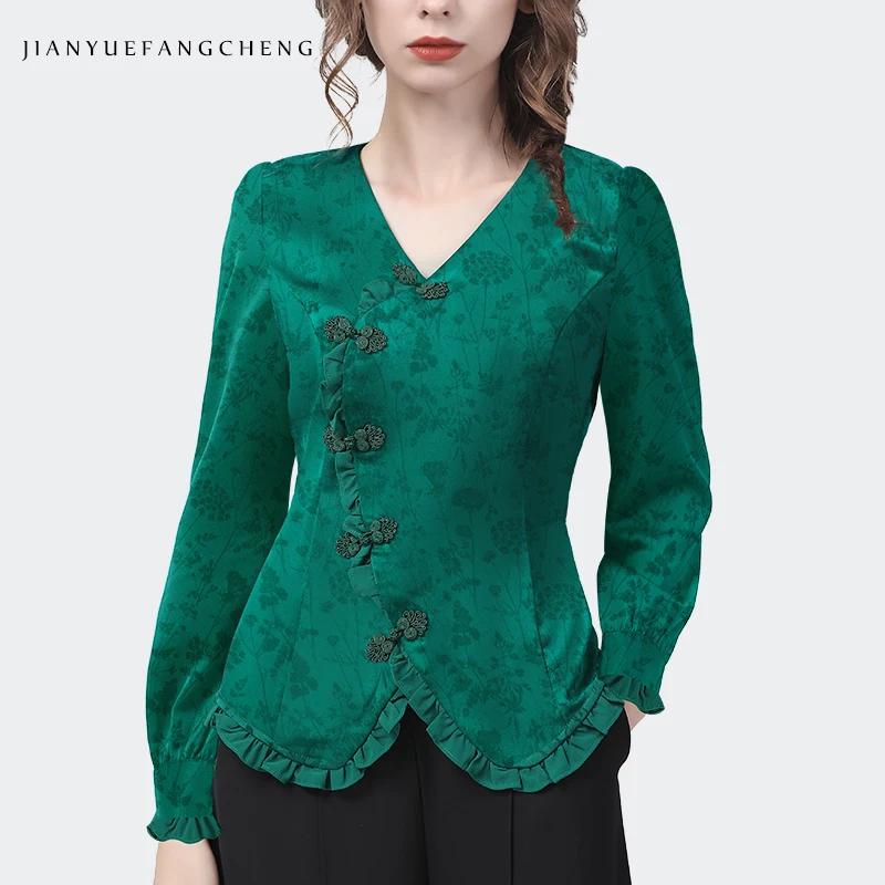 Vintage Women\' Long Sleeve Green Jacquard Blouse Elegant Slim V-Neck Irregular Button Tops 2022 Autumn New Ladies Casual Shirts