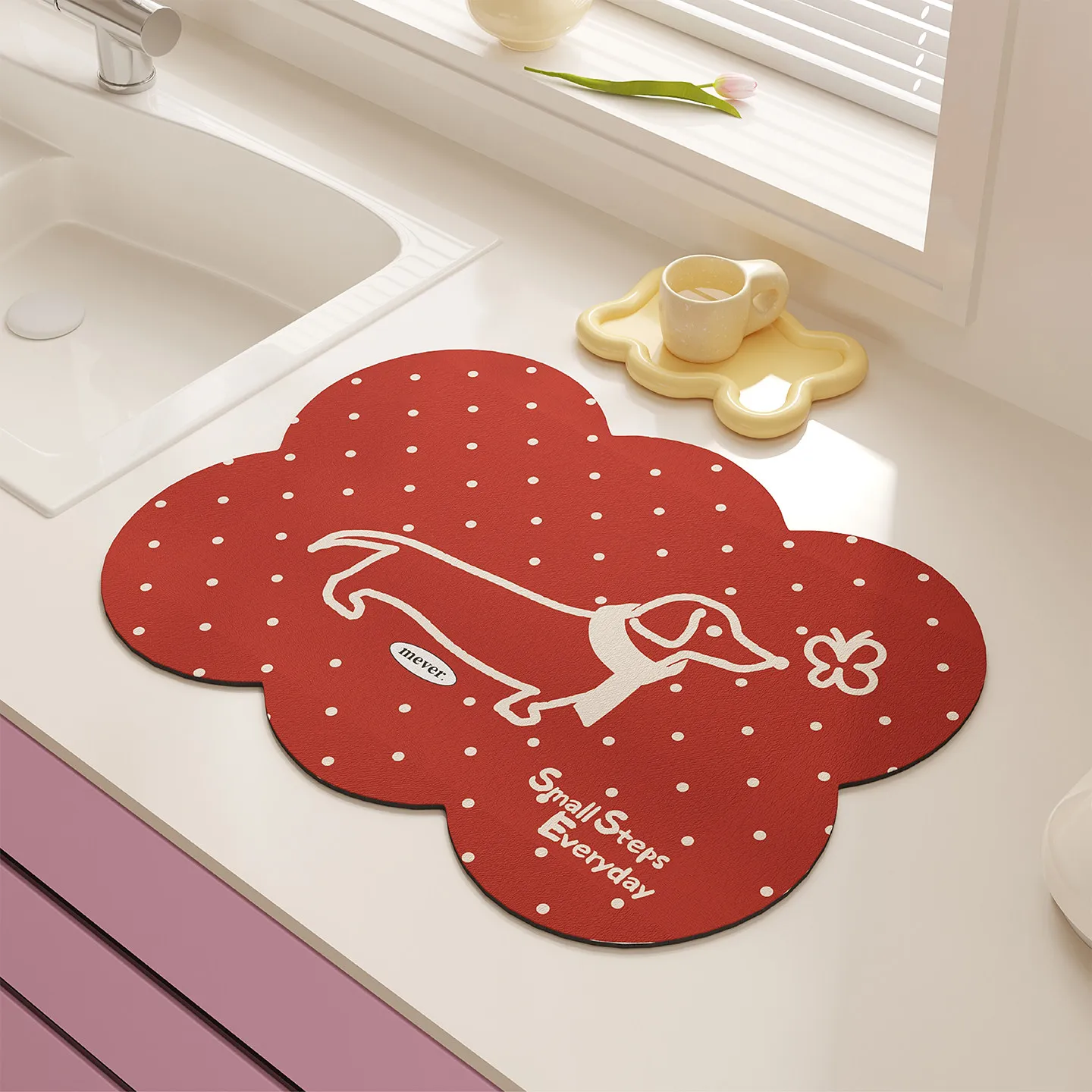 VIKAMA dachshund dog polka dot super absorbent drain mat flower shape vintage retro kitchen countertop absorbent anti-slip pad