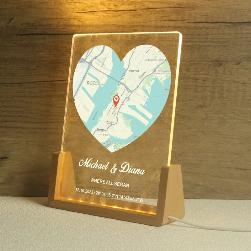 Custom Map Location Print,Where We Met Map Acrylic Night Light,Where It All Began,Our First Date,First Kiss,Engagement Gift