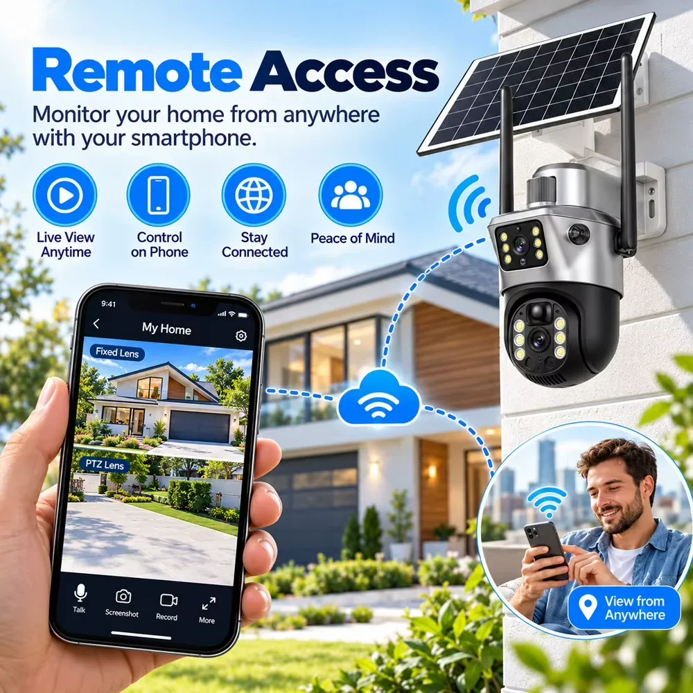 Solar WiFi Security Camera System 4K 10CH NVR 10 Inch Screen 4 Dual Lens PTZ Cameras IP66 Motion Detection EseeCloud App Outdoo