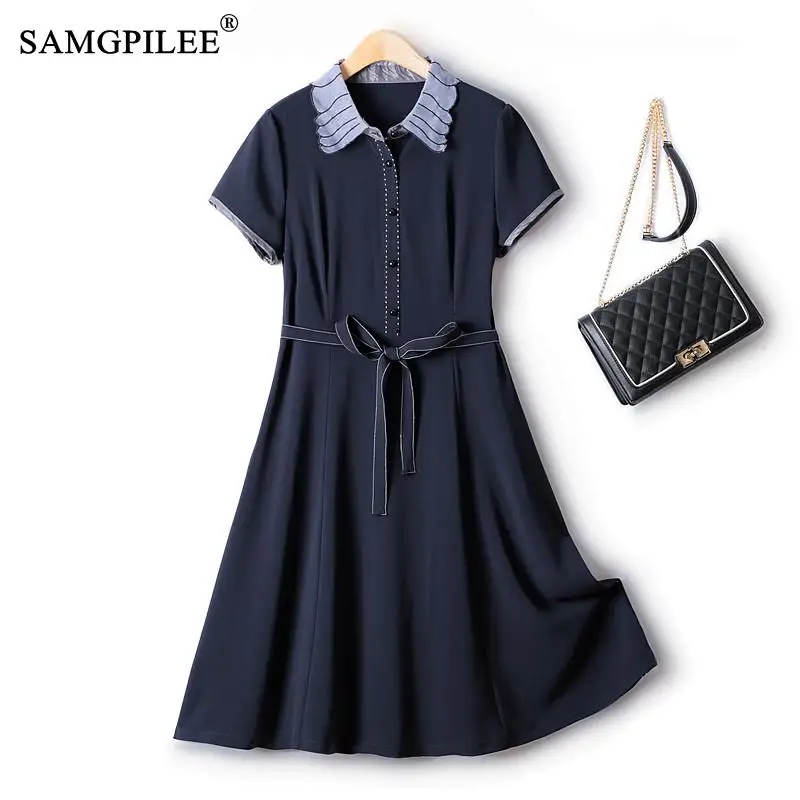 

European Chic And Elegant Woman Dress Embroidery Turn Down Collar Top Line High Waist Slim Large Swing Drape Hepburn Dresses 4XL