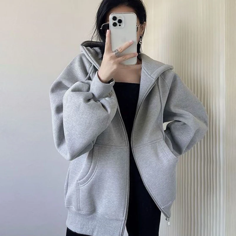 Women's Fashion Solid Color Long Sleeve Streetwear Loose Casual Hooded Jacket