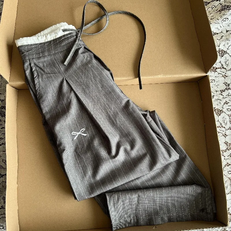 

Chic Women High Waist Grey Striped Pants Spring Autumn Drawstring Bow Wide Leg Straight Trousers Casual Versatile Pants
