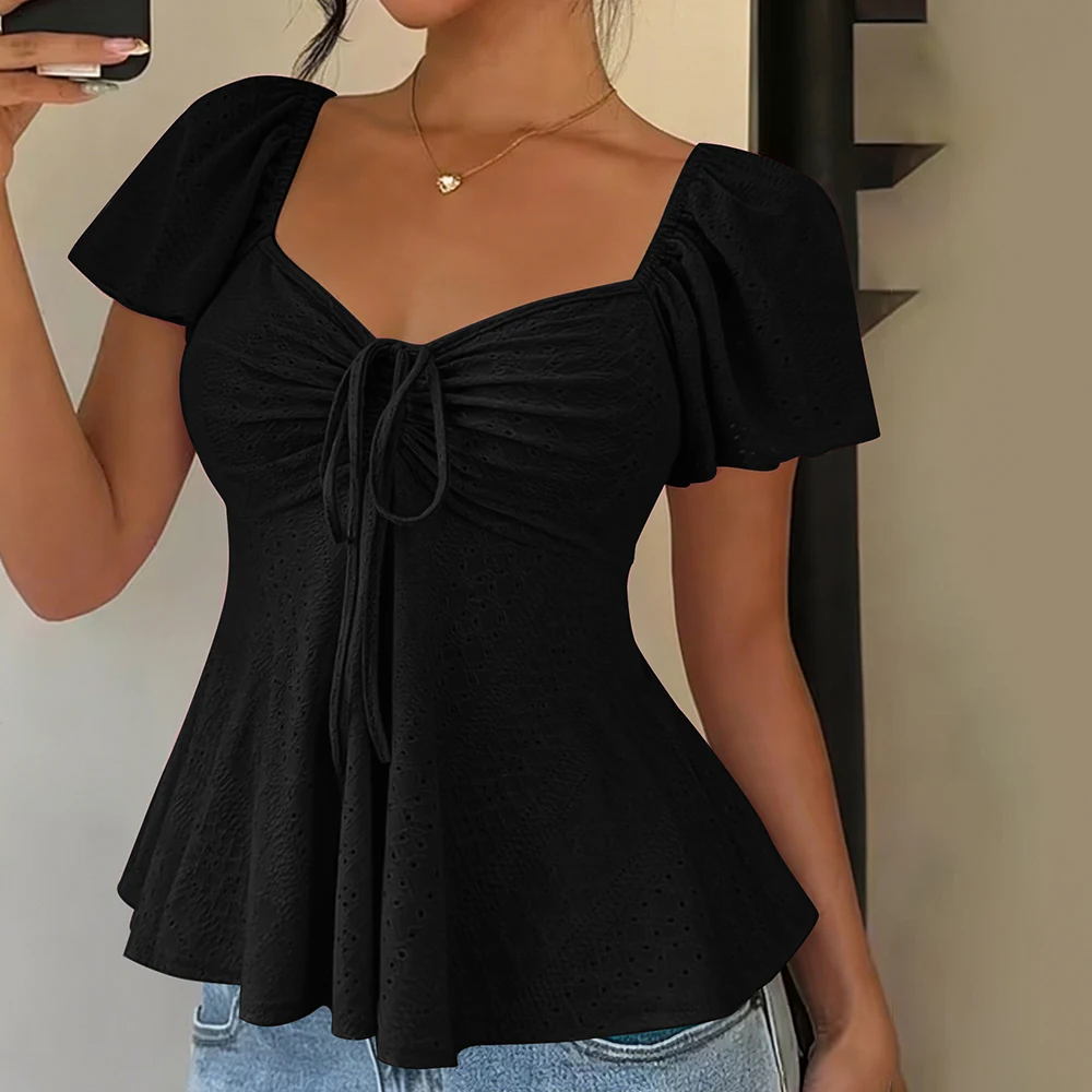 V neck Short Sleeve Drawstring T shirt for Women Solid Color Fashion Top Ideal for Daily Outings Club and Holiday Looks