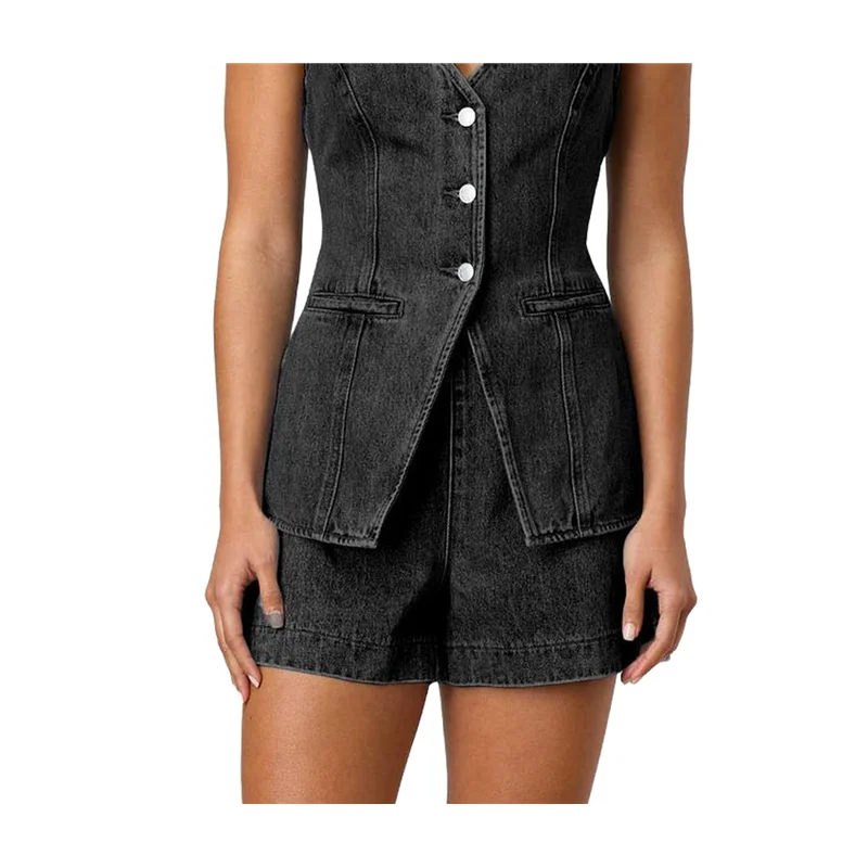 ABRT-طقم نسائي من قماش الدنيم مكون من قطعتين كاجوال بدون أكمام ورقبة على شكل حرف V سترة جينز وسراويل قصيرة عالية الخصر ملابس رياضية