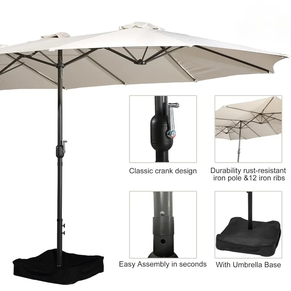 Parapluie rectangulaire double face avec base, extra large, marché extérieur, double manivelle pour jardin, terrasse, pelouse, 15 pieds