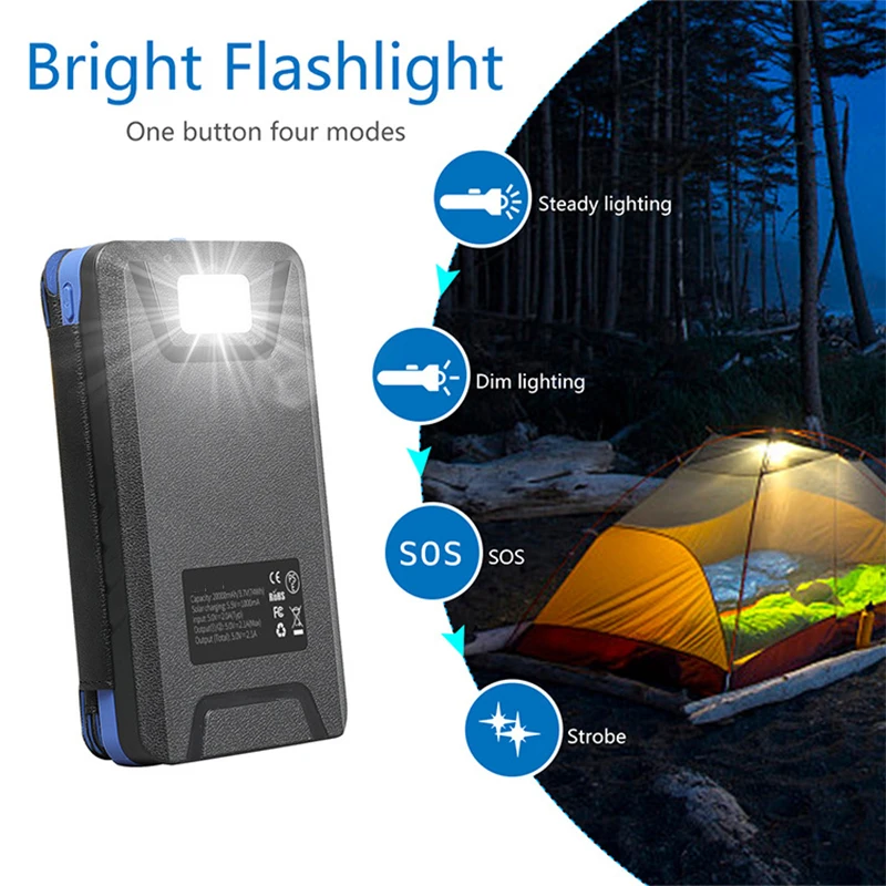 20000mAh Wireless Solar Power Bank with 3 Solar Panel Portable Charger for iPhone 15 Samsung Xiaomi Powerbank with Camping Light