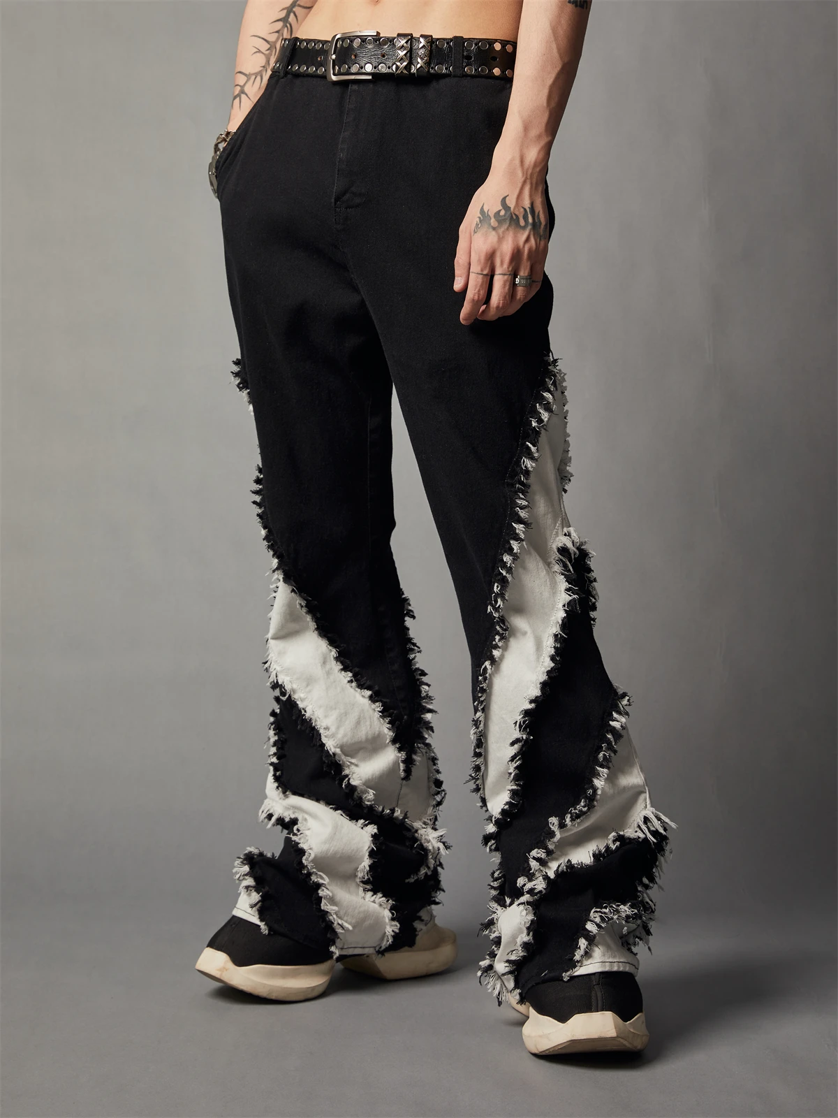 Design Sense Black and White Slim Fit Patchwork Brushed Washed Denim Pants Men's and Women's Casual Trend Fashion Flared